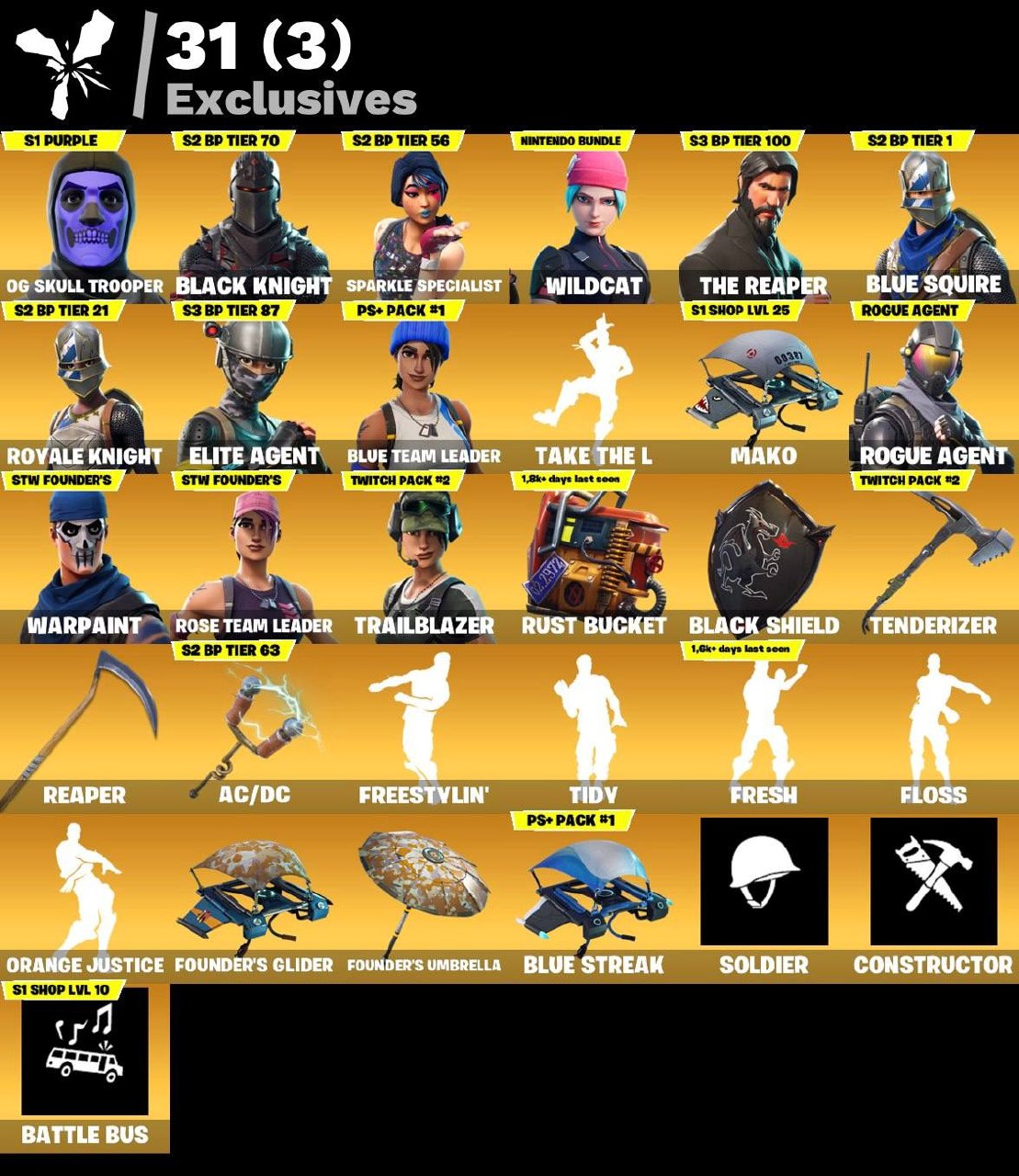 حساب فورت نايت 106 سكن + شيطون+ سكلتون بنفسجي + وايلد كات + سيزن٣ + مظلت ماكو