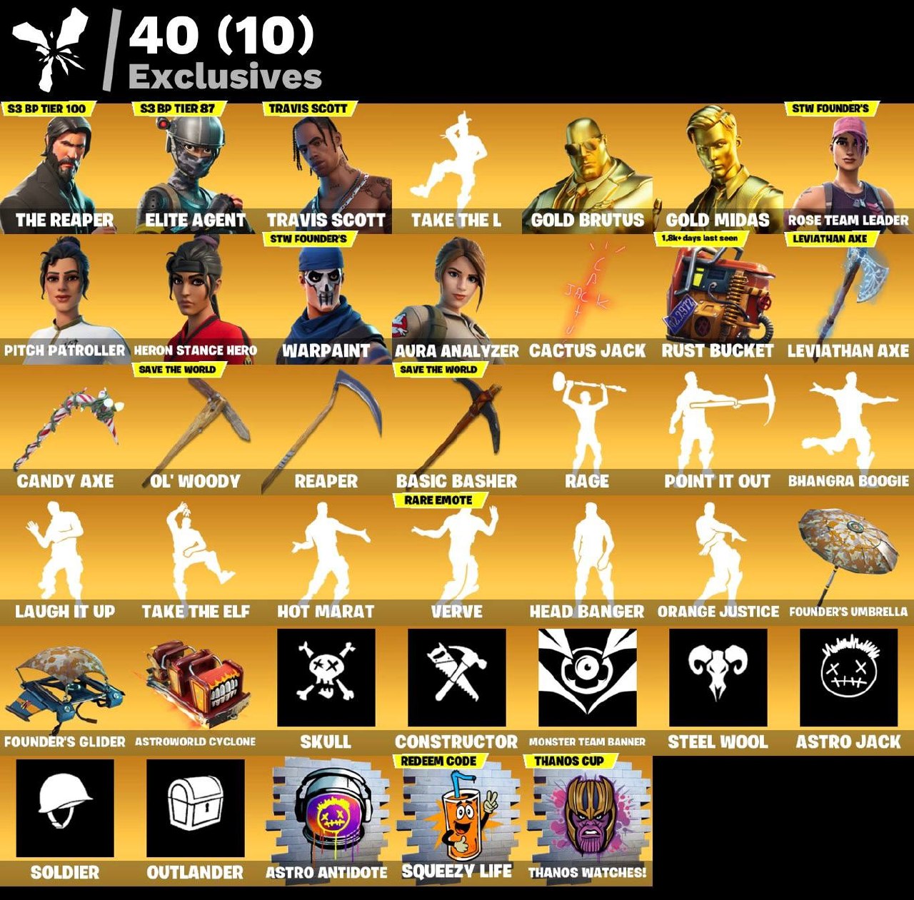 حساب فورت نايت 253 سكن + ترافيس سكوت + سيزن٣ كامل + اكس كريتوس