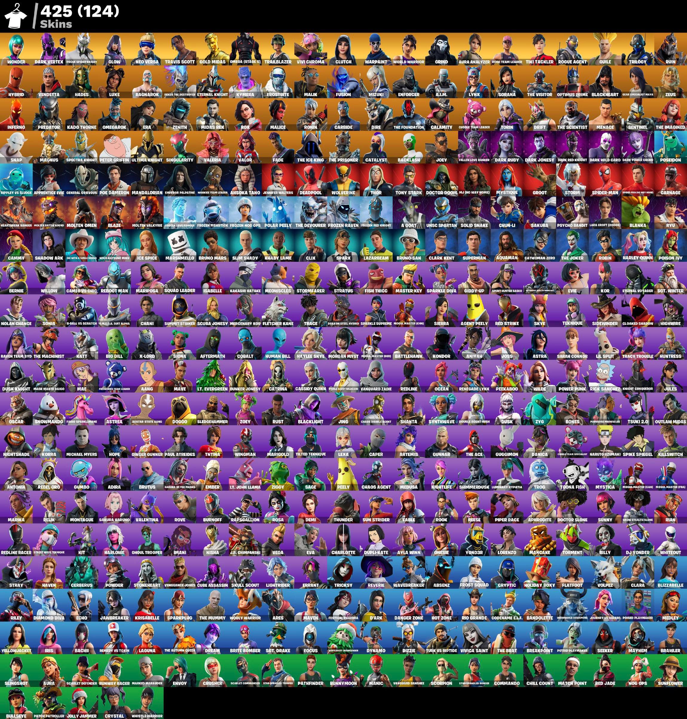 حساب فورت نايت 425 سكن + ميكاسا البنفسجيه + ترافيس سكوت + سكن دارك