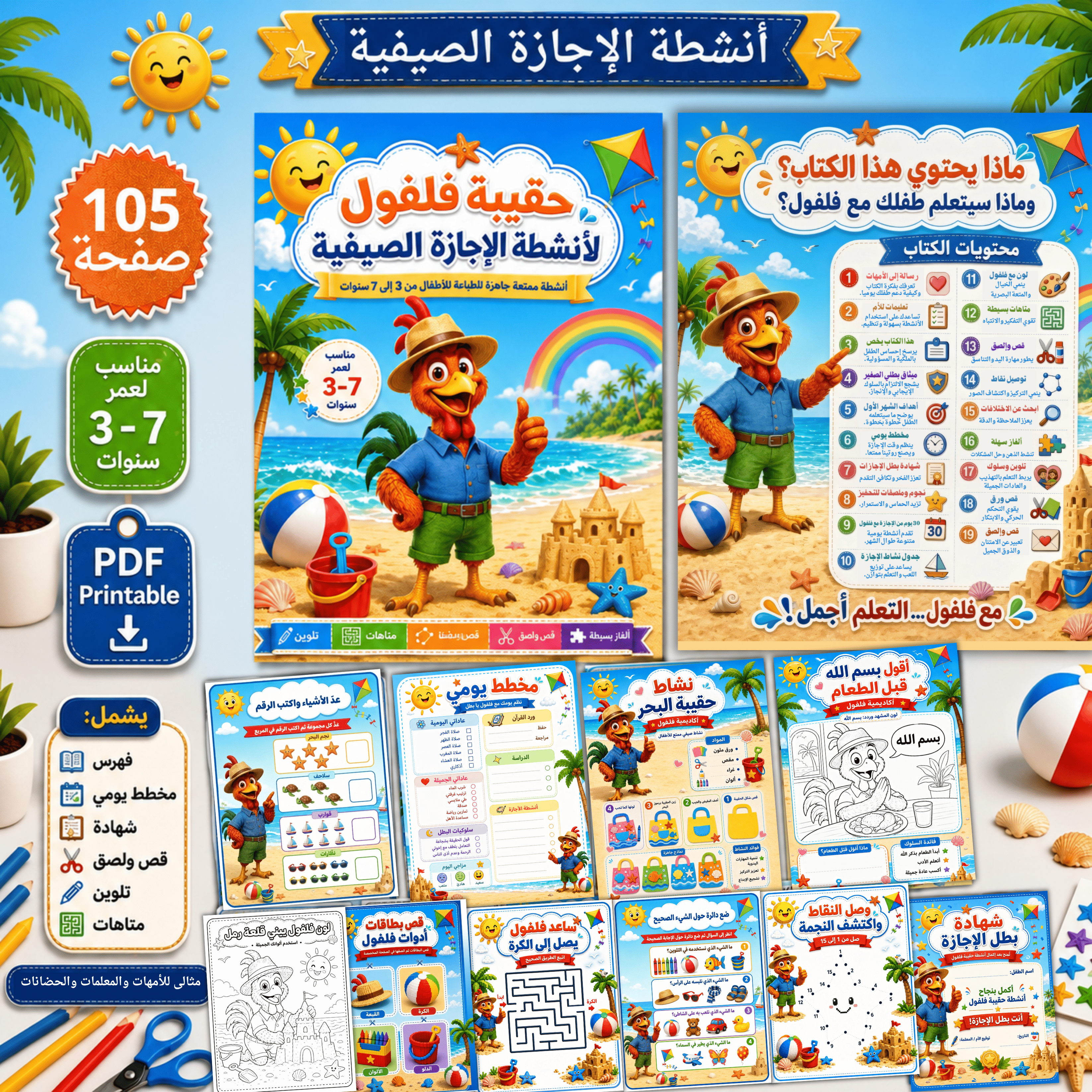 حقيبة فلفول لأنشطة الإجازة الصيفية | كتاب أنشطة أطفال عربي PDF جاهز للطباعة 