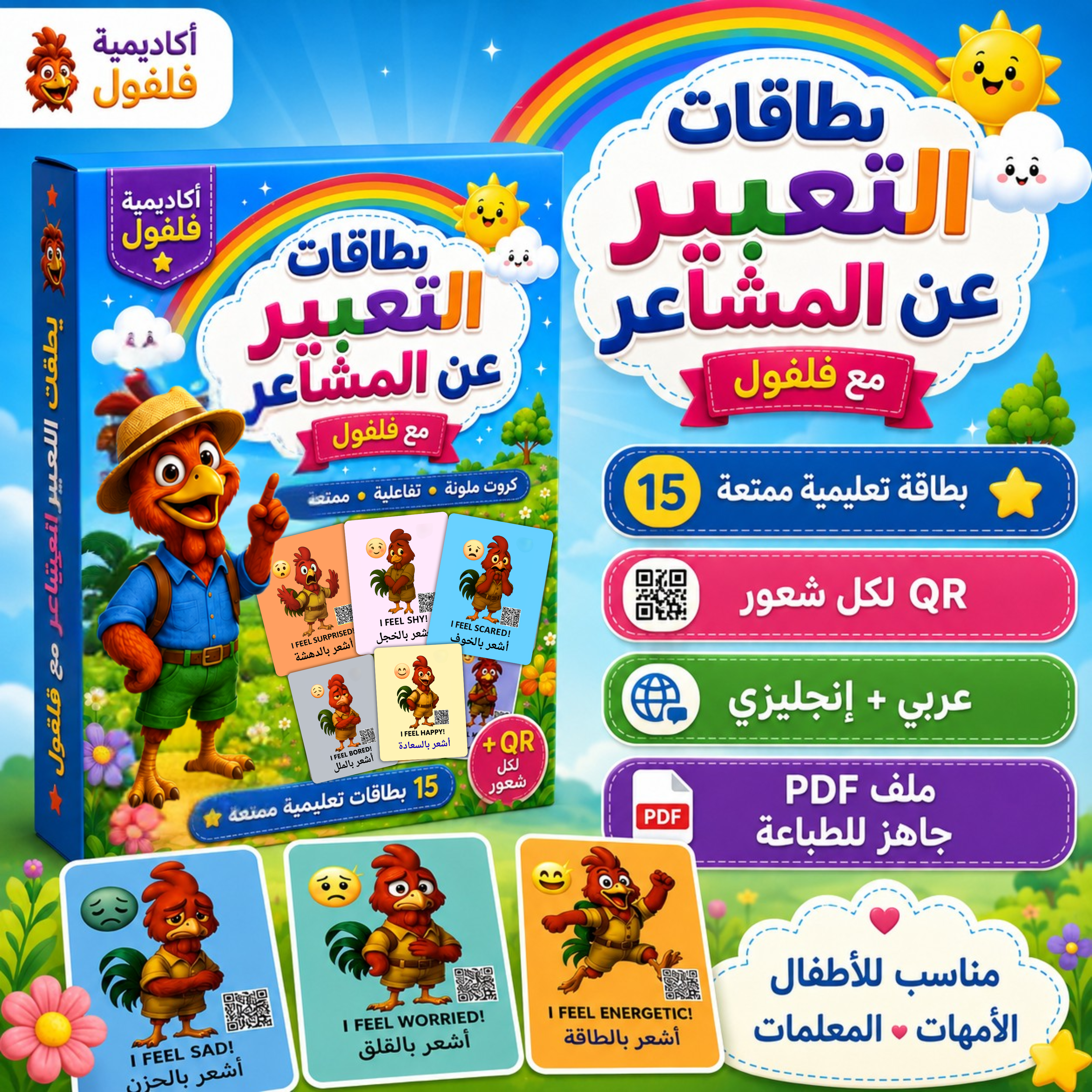 بطاقات التعبير عن المشاعر للأطفال مع فلفول | PDF عربي وإنجليزي جاهز للطباعة