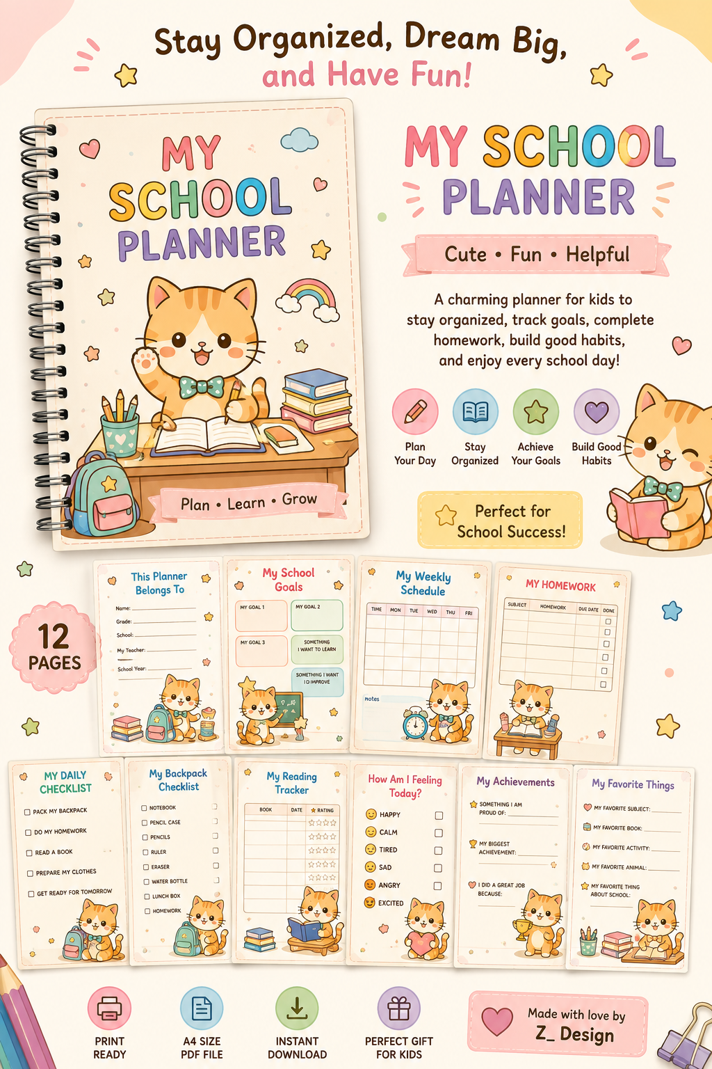مخطط المدرسة للأطفال – مخطط مدرسي لطيف بتصميم القطط | My School Planner 🐱📚