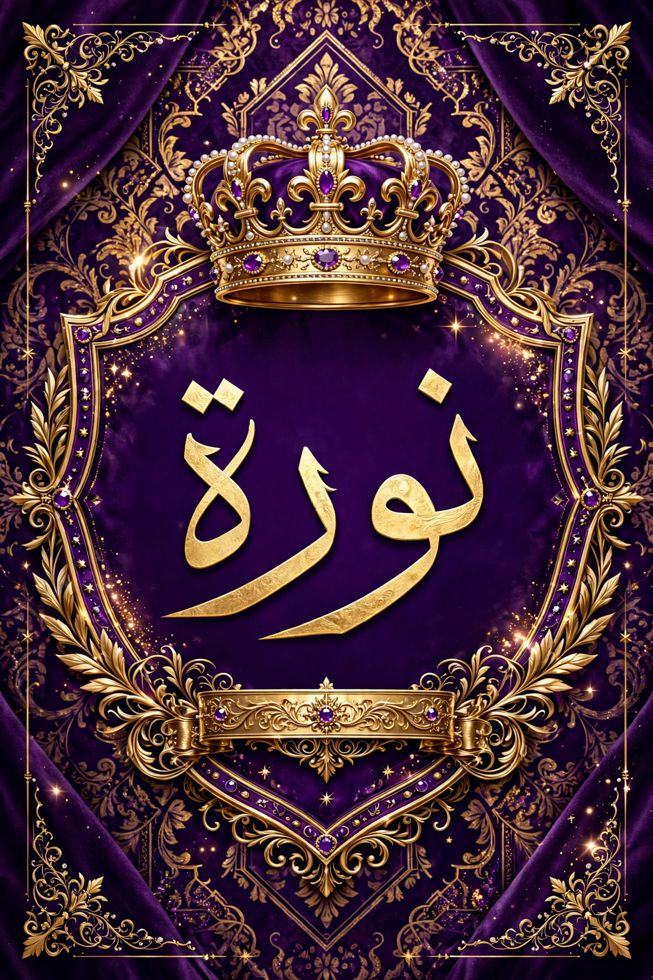 تصميم اسم نورة ملكي - تاج ذهبي وخلفية بنفسجية فخمة