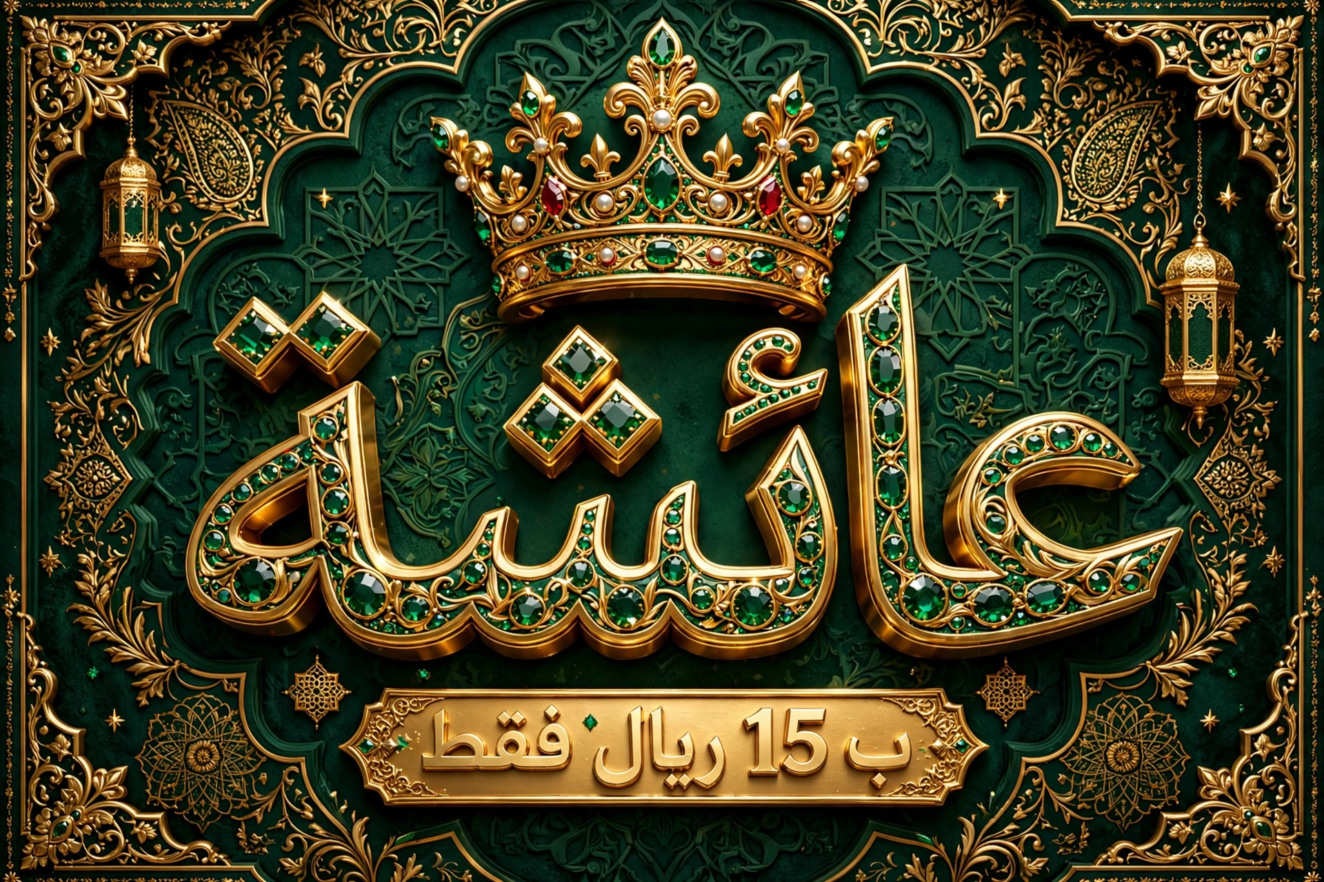 اسم عائشة - تصميم ملكي أخضر زمردي مع تاج ذهبي - فخم