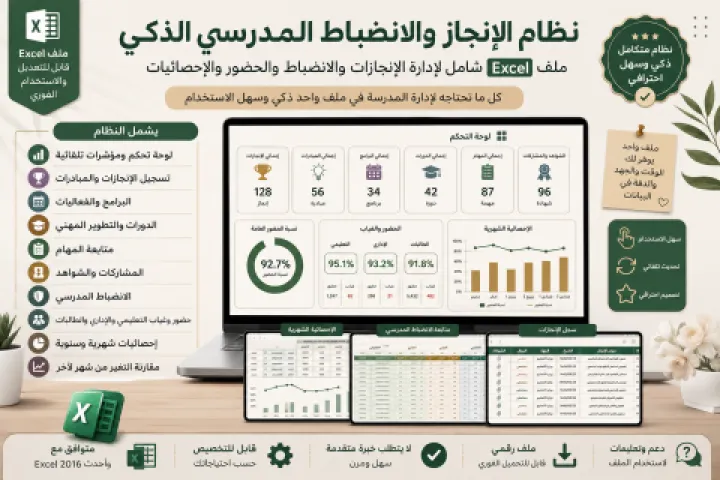 نظام الإنجاز والانضباط المدرسي الذكي | ملف Excel شامل