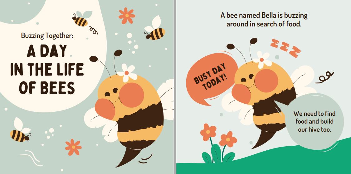 A Day in the Life of Bees Story Book in Yellow Blue Hand Drawn Style