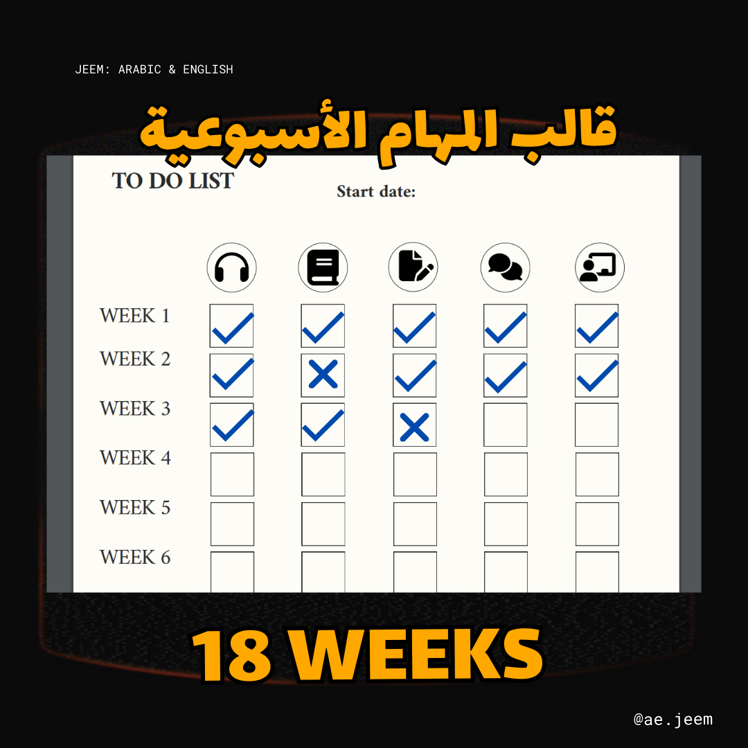 قائمة المهام الأسبوعية لتتبع تعلم اللغة الإنجليزية