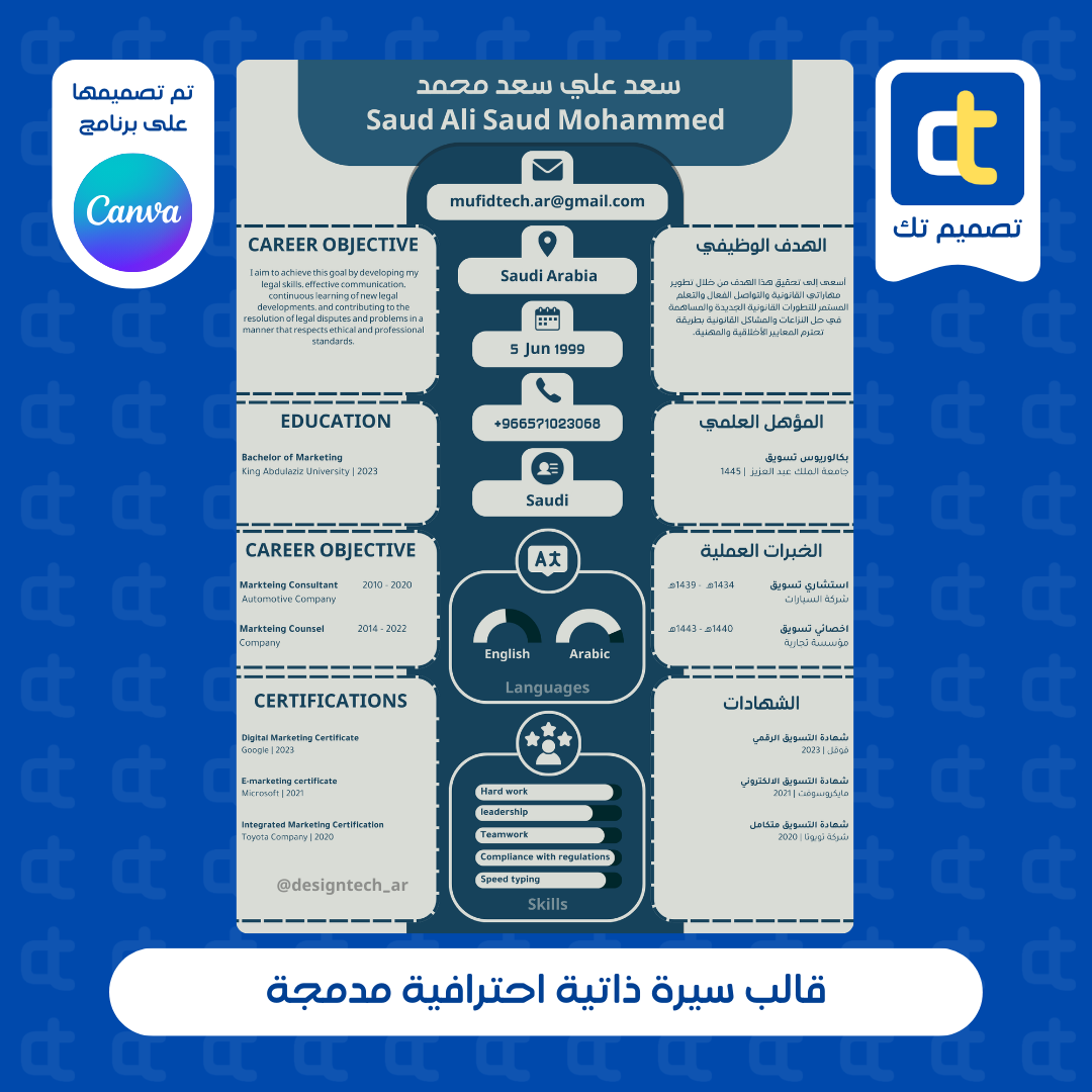 نموذج قالب سيرة ذاتية احترافية مدمجة ( باللغة العربية والانجليزية )