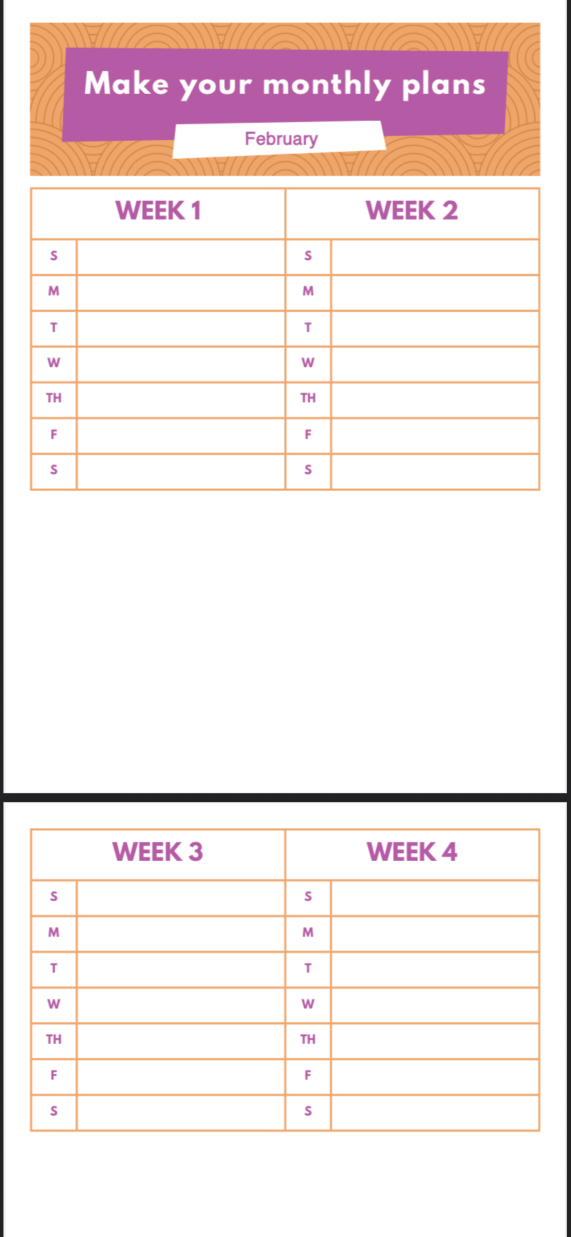 جدول لوضع الخطط الشهرية