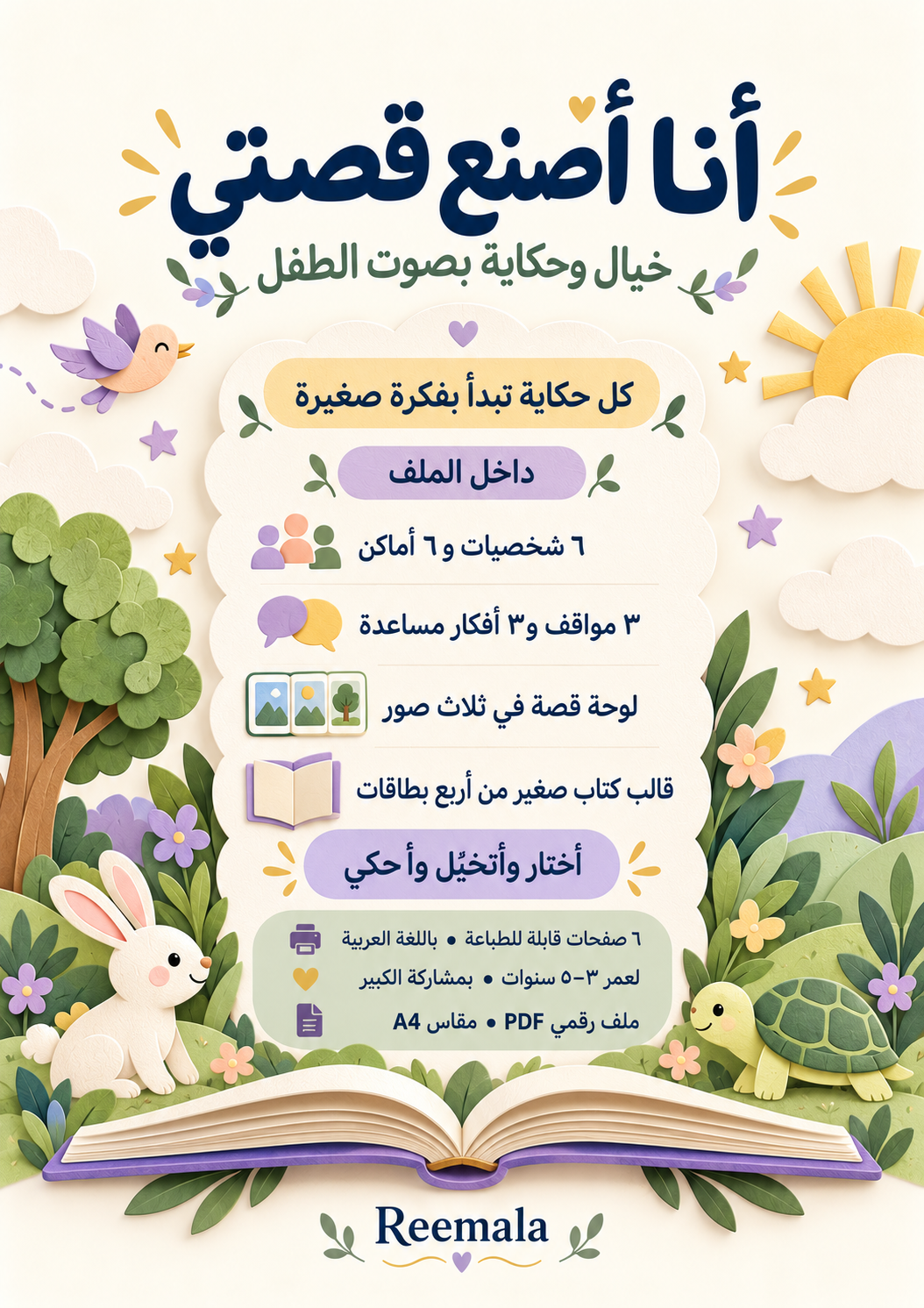 الغلاف الخلفي لمنتج أنا أصنع قصتي بالعربية، يعرض محتويات أنشطة الحكاية: شخصيات وأماكن ومواقف وأفكار مساعدة ولوحة قصة وقالب كتاب صغير.